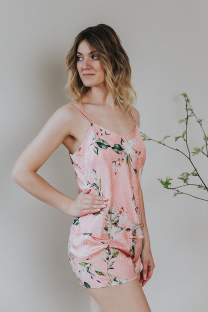 Silk pajama with Floral Pattern, Peach