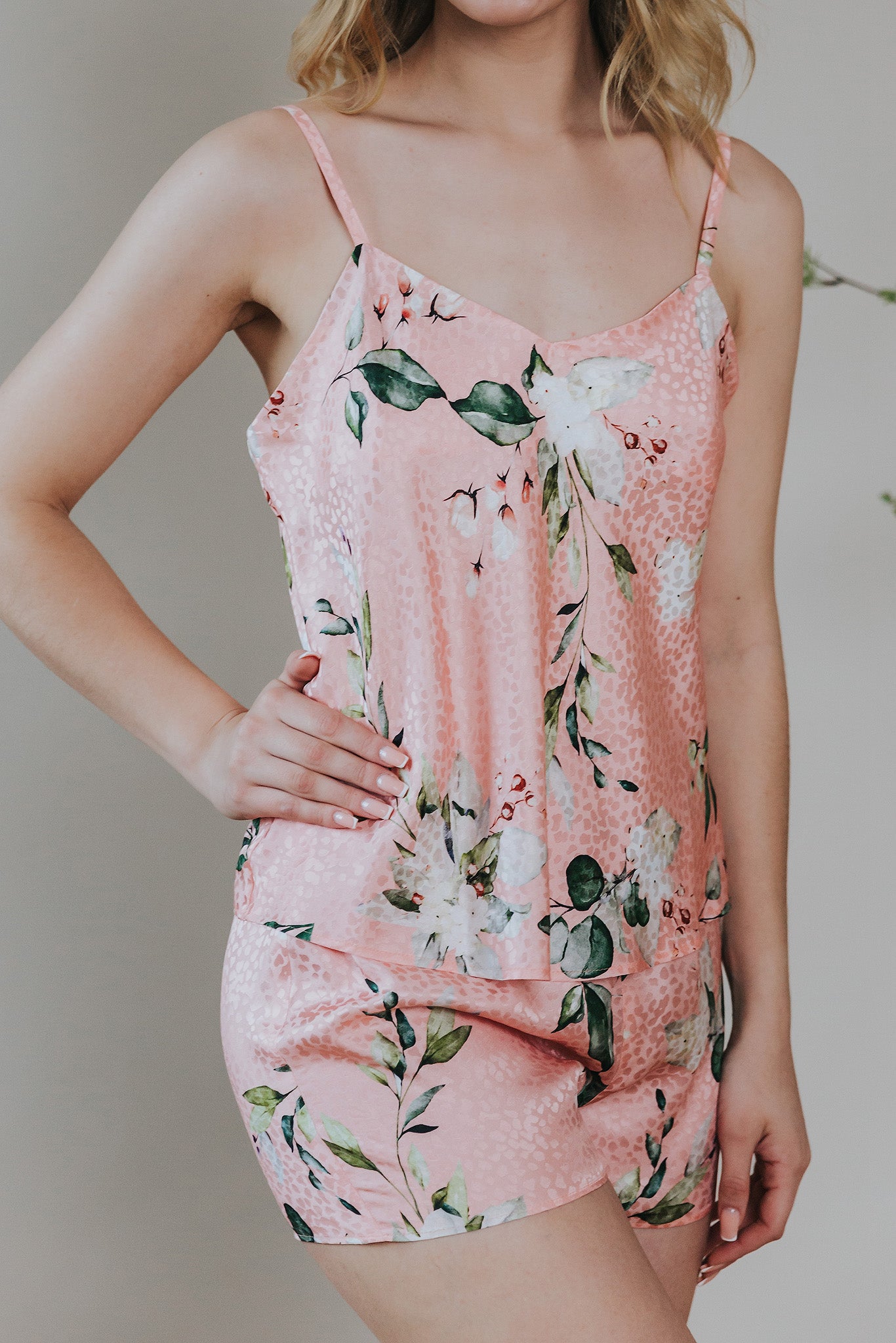 Silk pajama with Floral Pattern, Peach