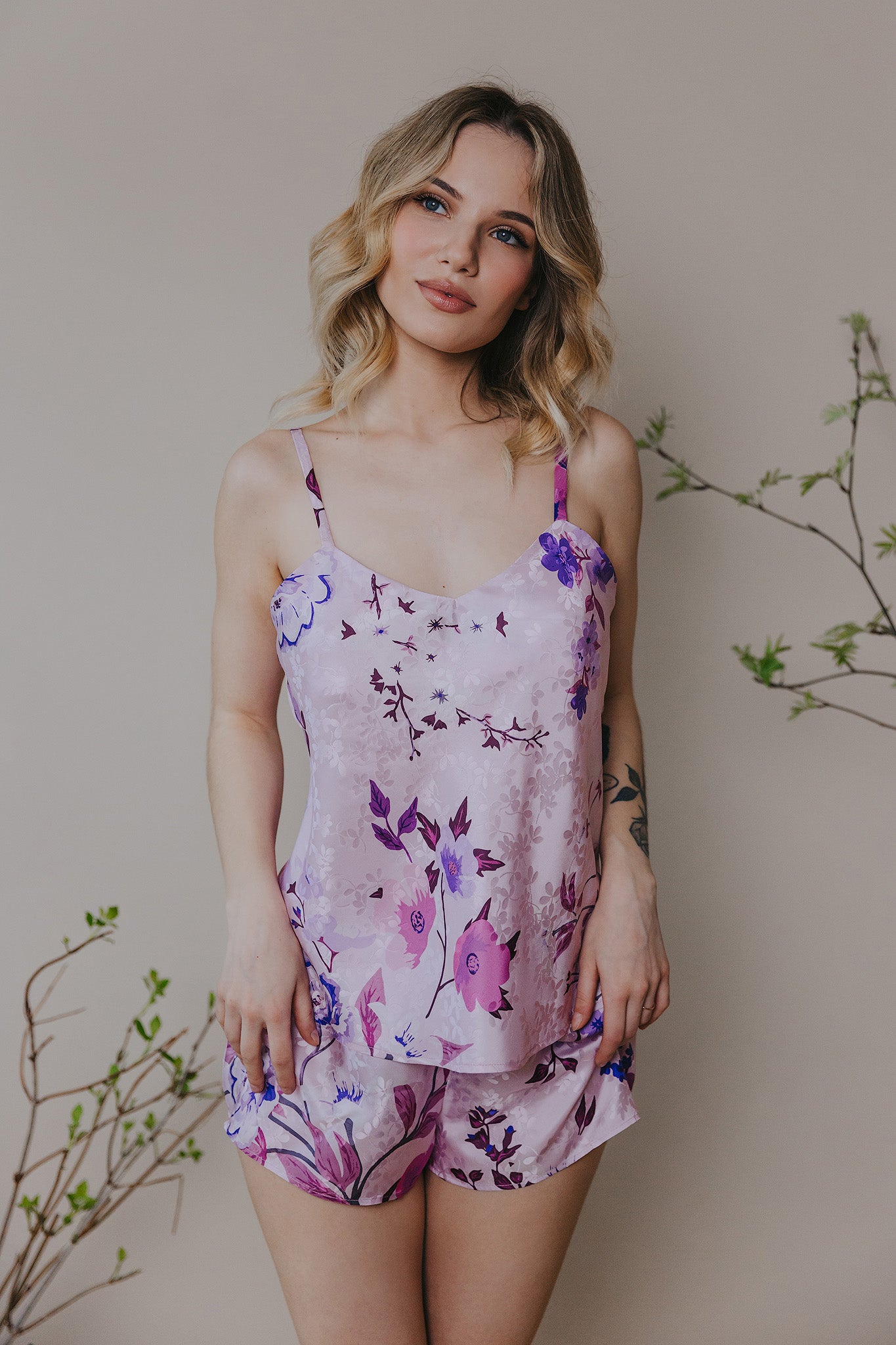 Silk pajama with Floral Pattern, Lavender