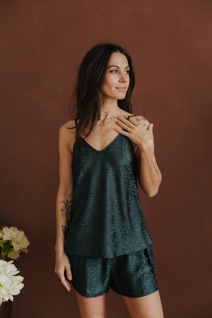 Silk pajamas with shorts "Mia", Forest Green