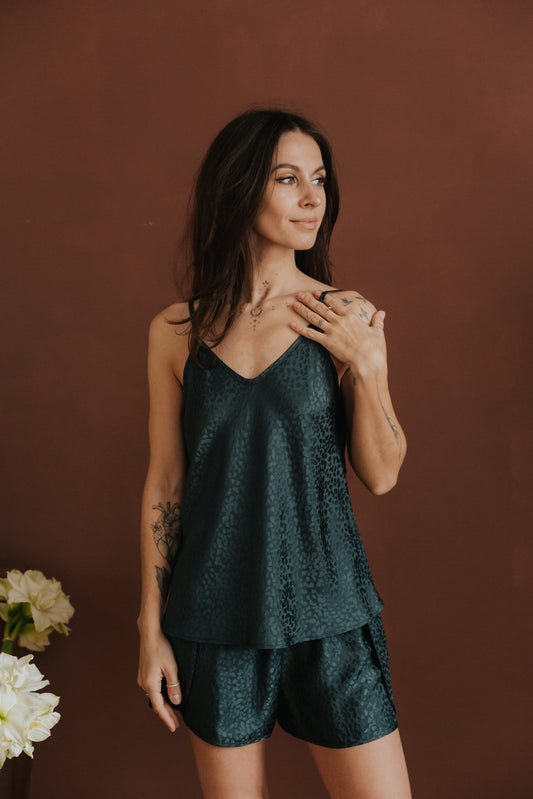Silk pajamas with shorts "Mia", Forest Green
