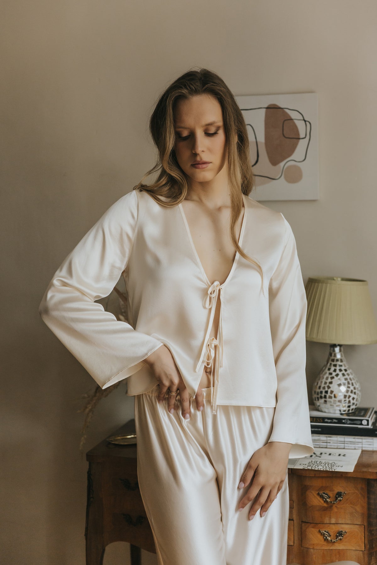 Silk Top with Ties at front and trousers, "Emma" Champagne