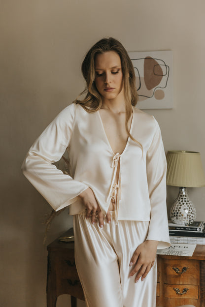 Silk Top with Ties at front and trousers, "Emma" Champagne