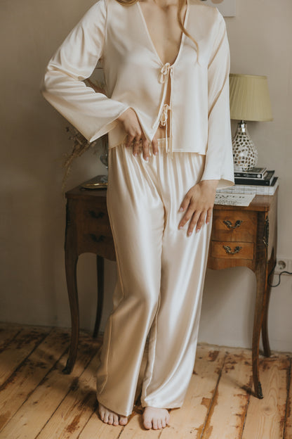 Silk Top with Ties at front and trousers, "Emma" Champagne