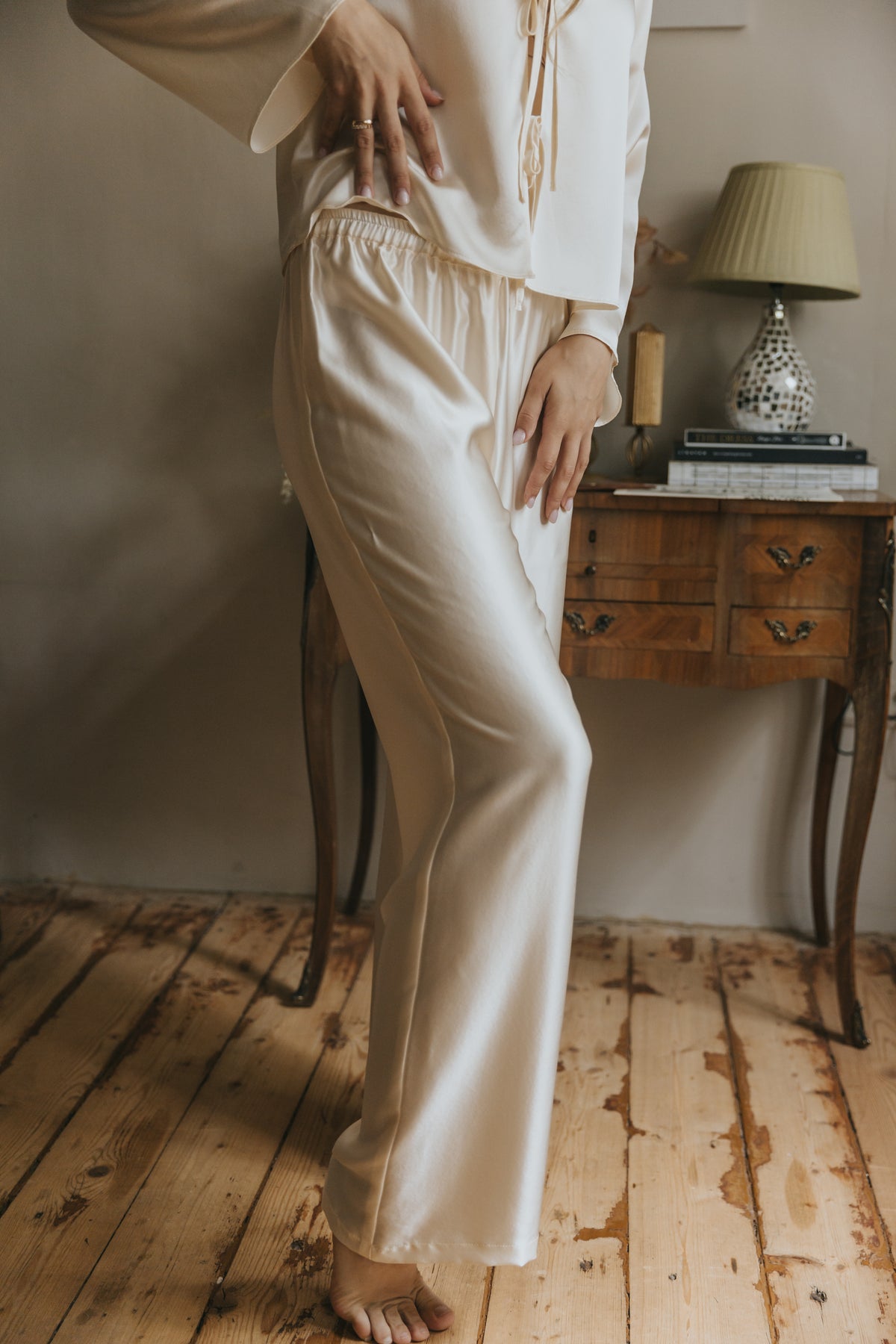 Silk Top with Ties at front and trousers, "Emma" Champagne