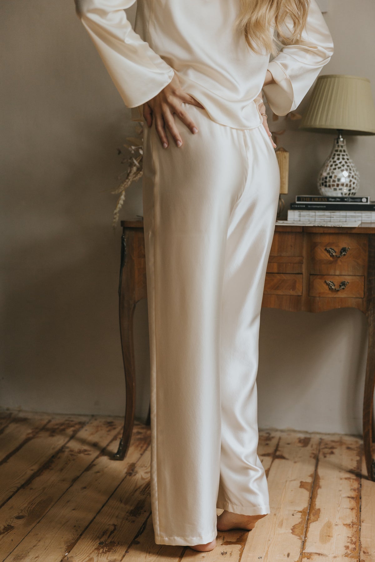 Silk Top with Ties at front and trousers, "Emma" Champagne