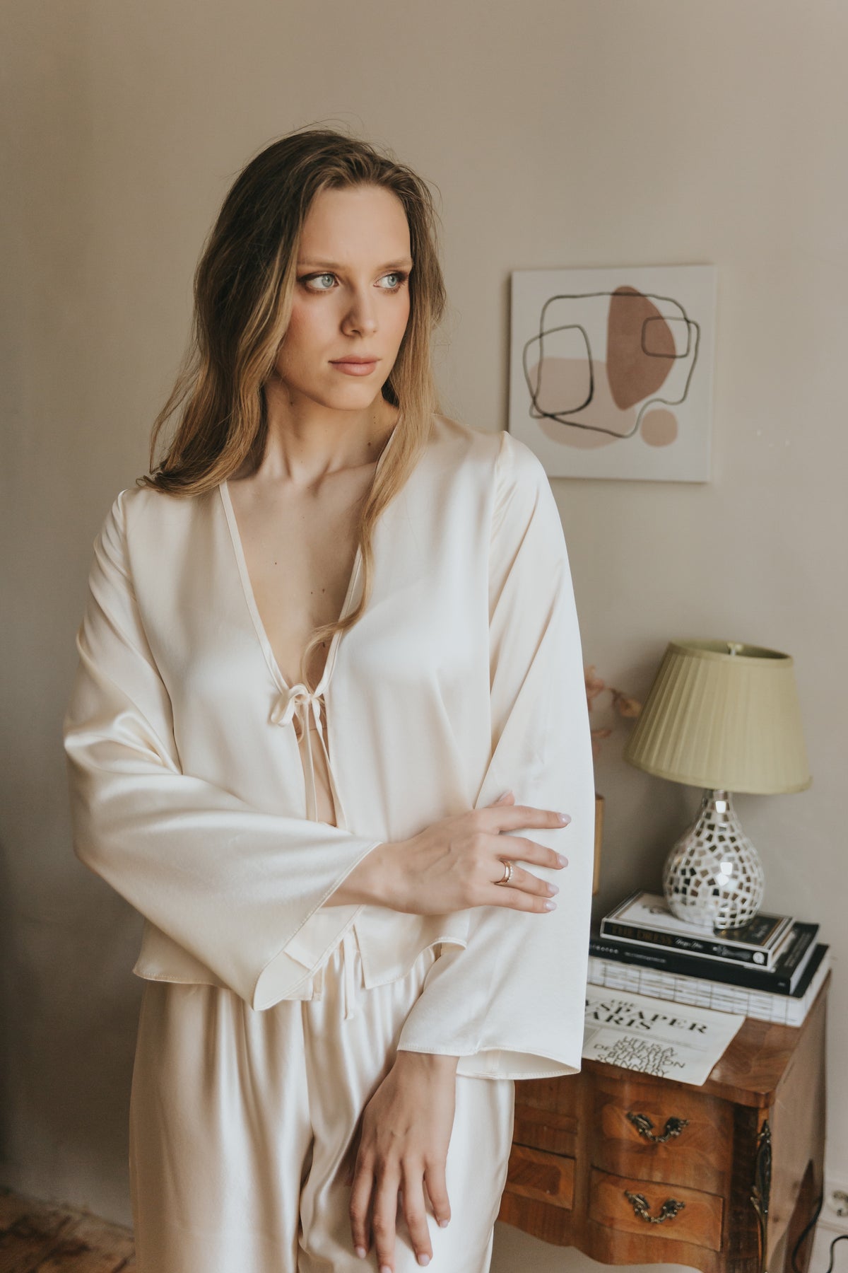 Silk Top with Ties at front and trousers, "Emma" Champagne