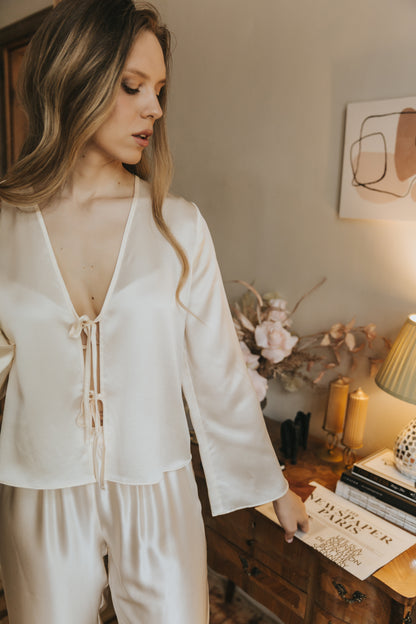 Silk Top with Ties at front and trousers, "Emma" Champagne