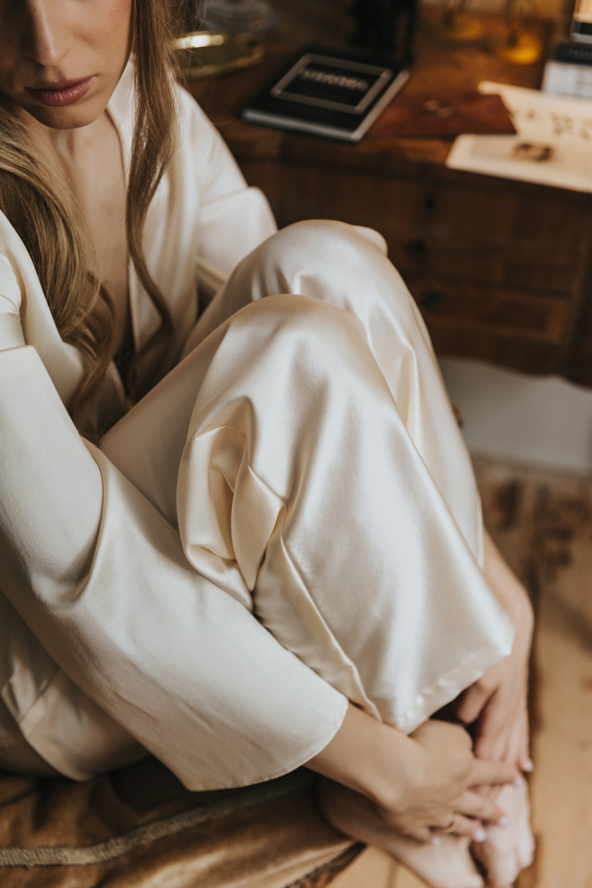 Silk Top with Ties at front and trousers, "Emma" Champagne