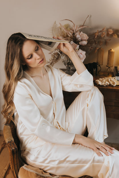 Silk Top with Ties at front and trousers, "Emma" Champagne