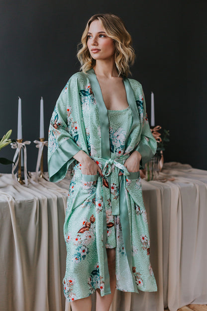 Kimono style long Robe with Pockets, Mint Green