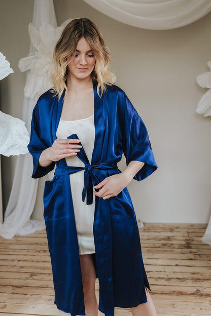 Kimono style long Silk Robe with Pockets, Navy Blue