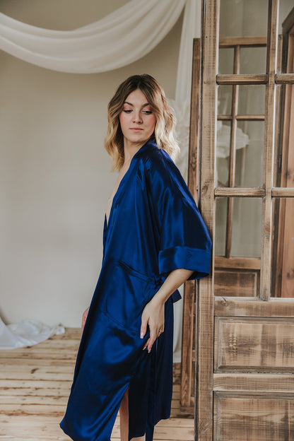 Kimono style long Silk Robe with Pockets, Navy Blue