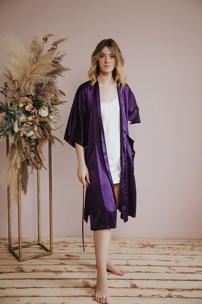 Kimono style long Silk Robe with Pockets, Purple