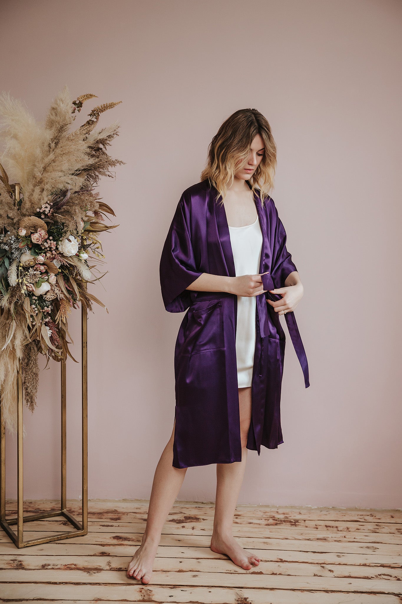 Kimono style long Silk Robe with Pockets, Purple