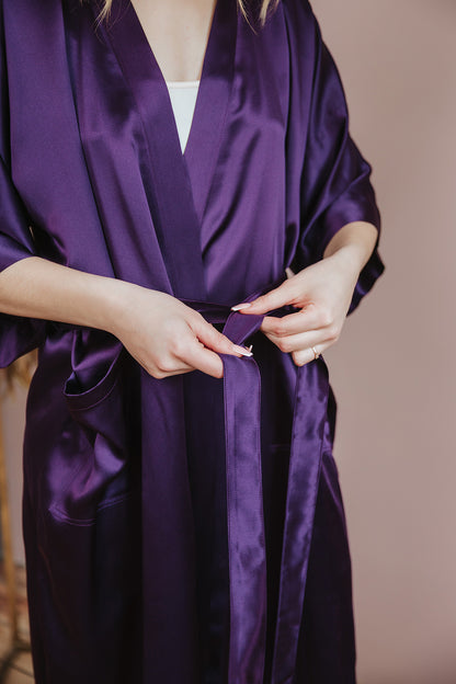 Kimono style long Silk Robe with Pockets, Purple