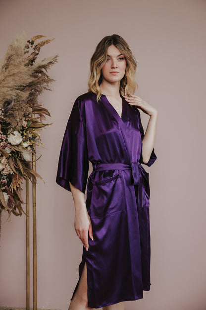 Kimono style long Silk Robe with Pockets, Purple