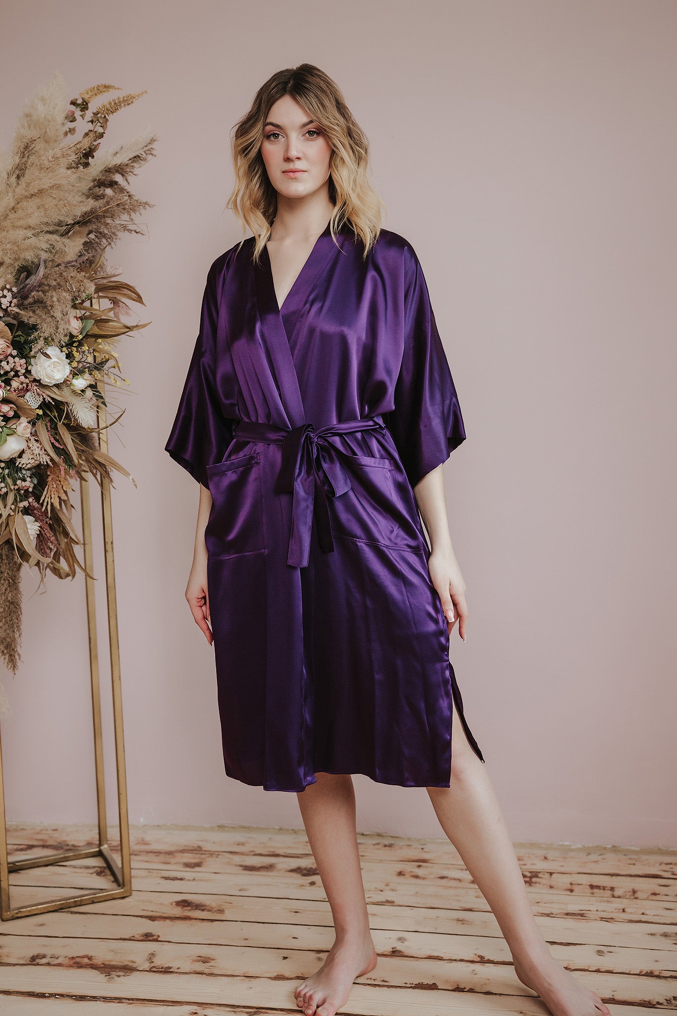 Kimono style long Silk Robe with Pockets, Purple