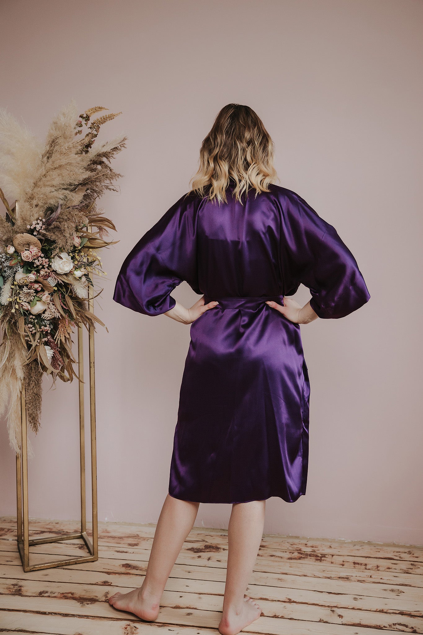 Kimono style long Silk Robe with Pockets, Purple