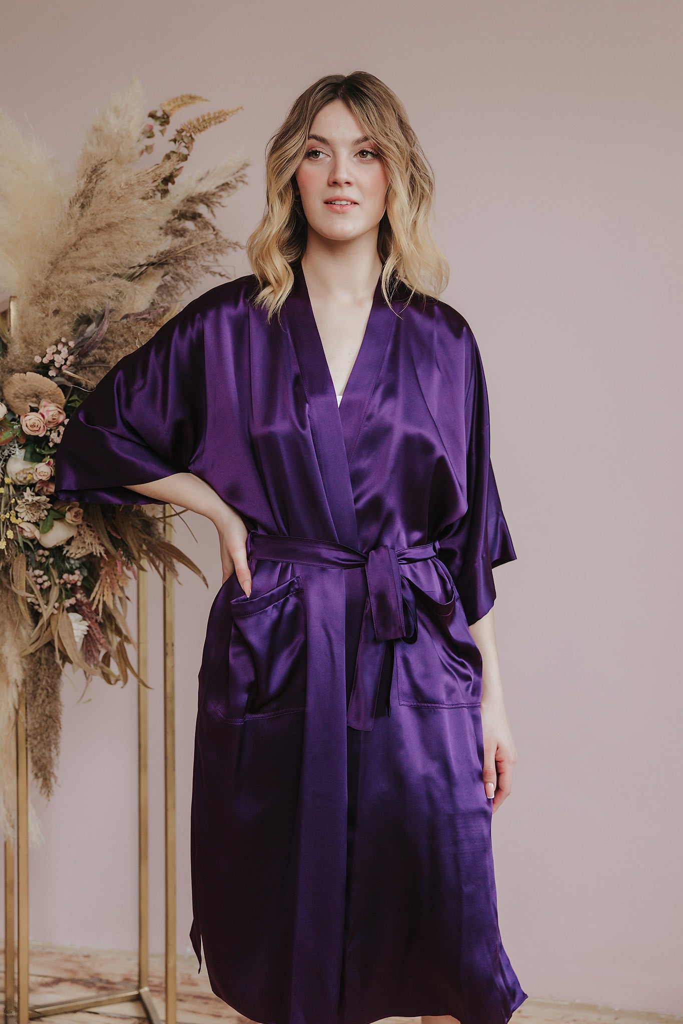 Kimono style long Silk Robe with Pockets, Purple