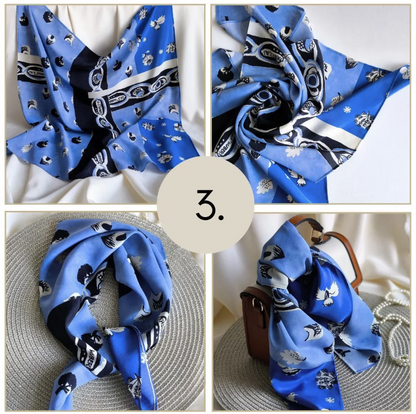 Blue patterned scarf displayed in four different ways on a white background.