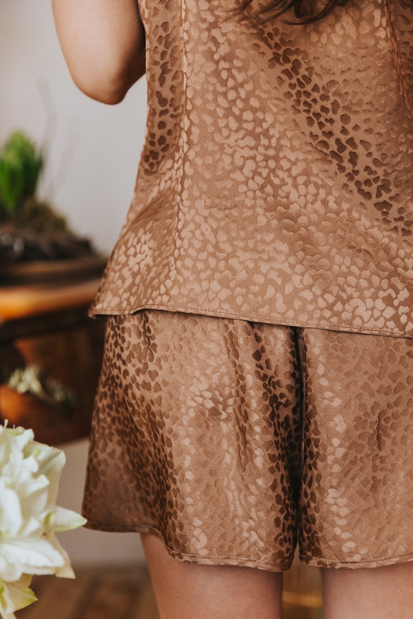 Silk pajamas with shorts "Mia", Caramel color