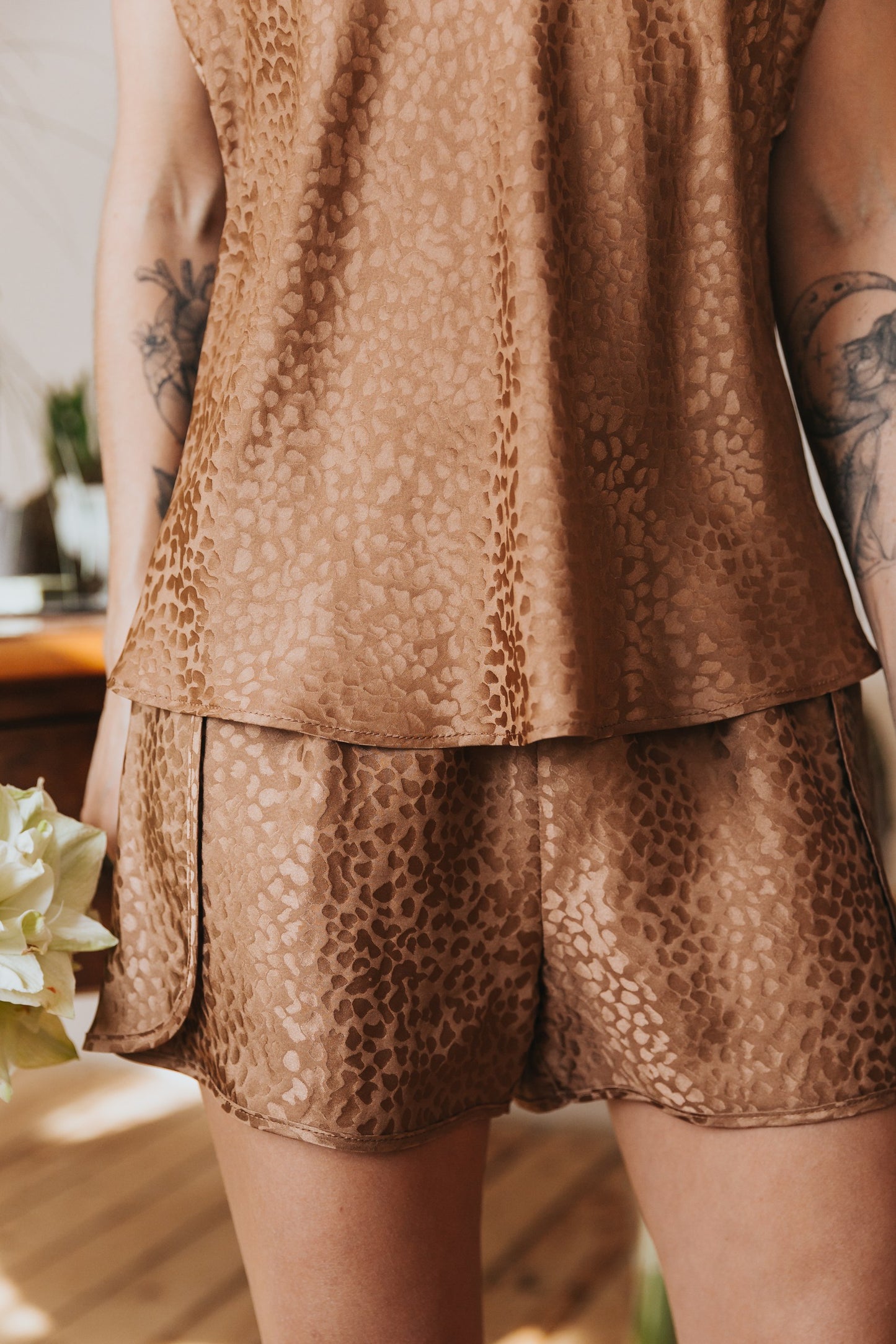 Silk pajamas with shorts "Mia", Caramel color