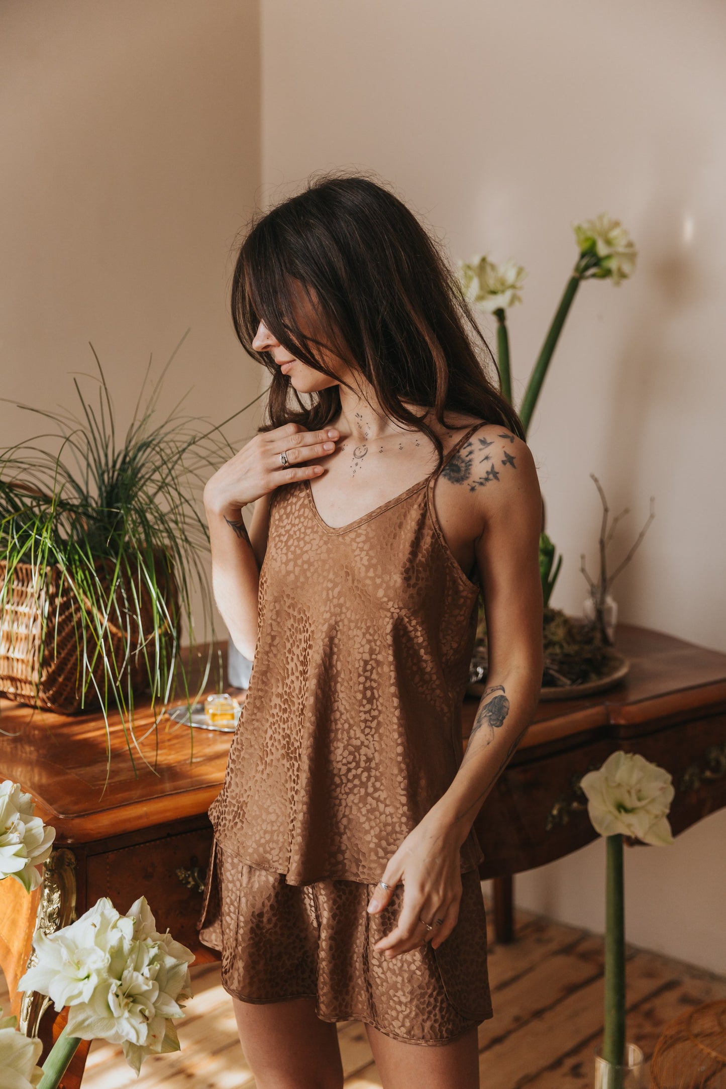 Silk pajamas with shorts "Mia", Caramel color