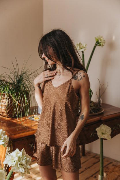 Silk pajamas with shorts "Mia", Caramel color