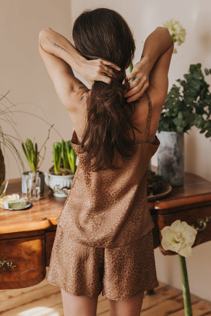 Silk pajamas with shorts "Mia", Caramel color