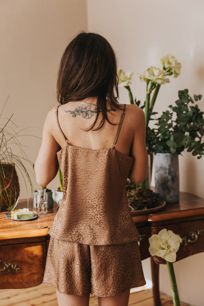 Silk pajamas with shorts "Mia", Caramel color