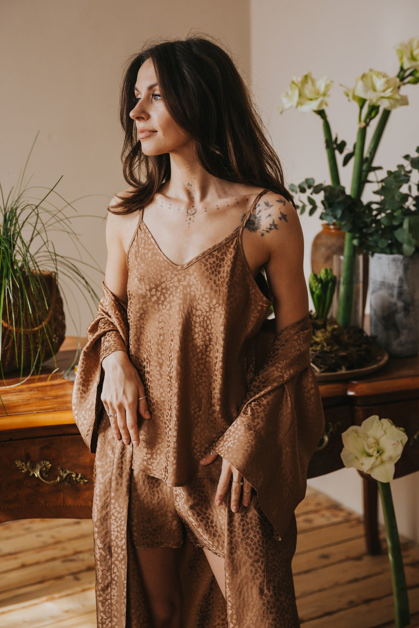 Silk pajamas with shorts "Mia", Caramel color