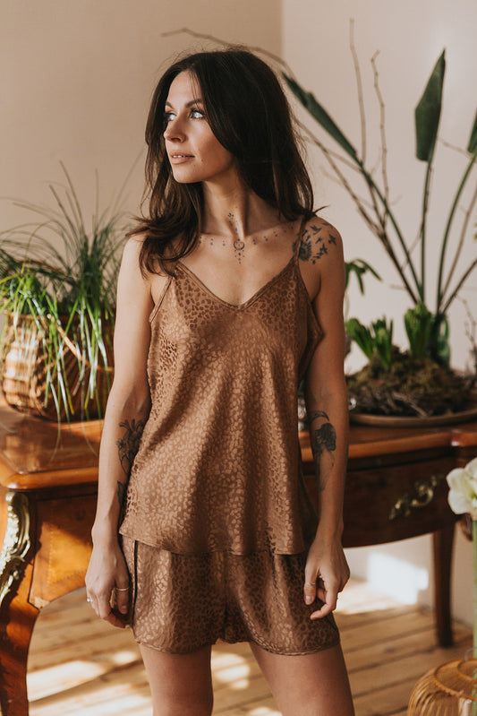 Silk pajamas with shorts "Mia", Caramel color