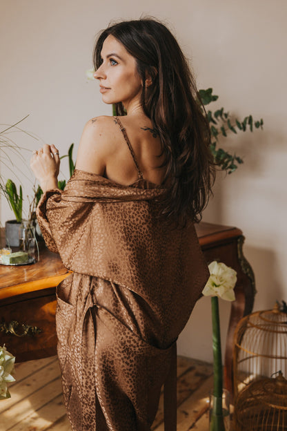 Kimono style long Silk Robe with Pockets, Caramel color