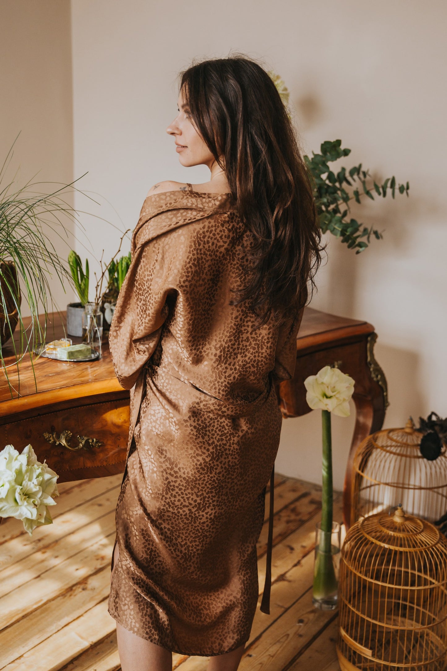 Kimono style long Silk Robe with Pockets, Caramel color