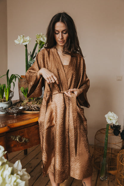 Kimono style long Silk Robe with Pockets, Caramel color