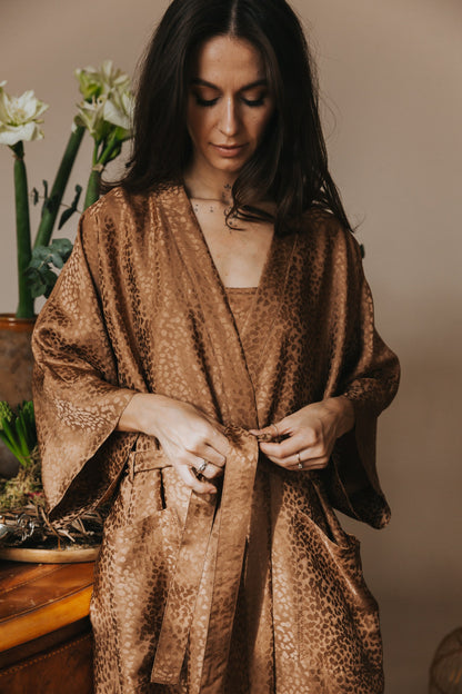 Kimono style long Silk Robe with Pockets, Caramel color
