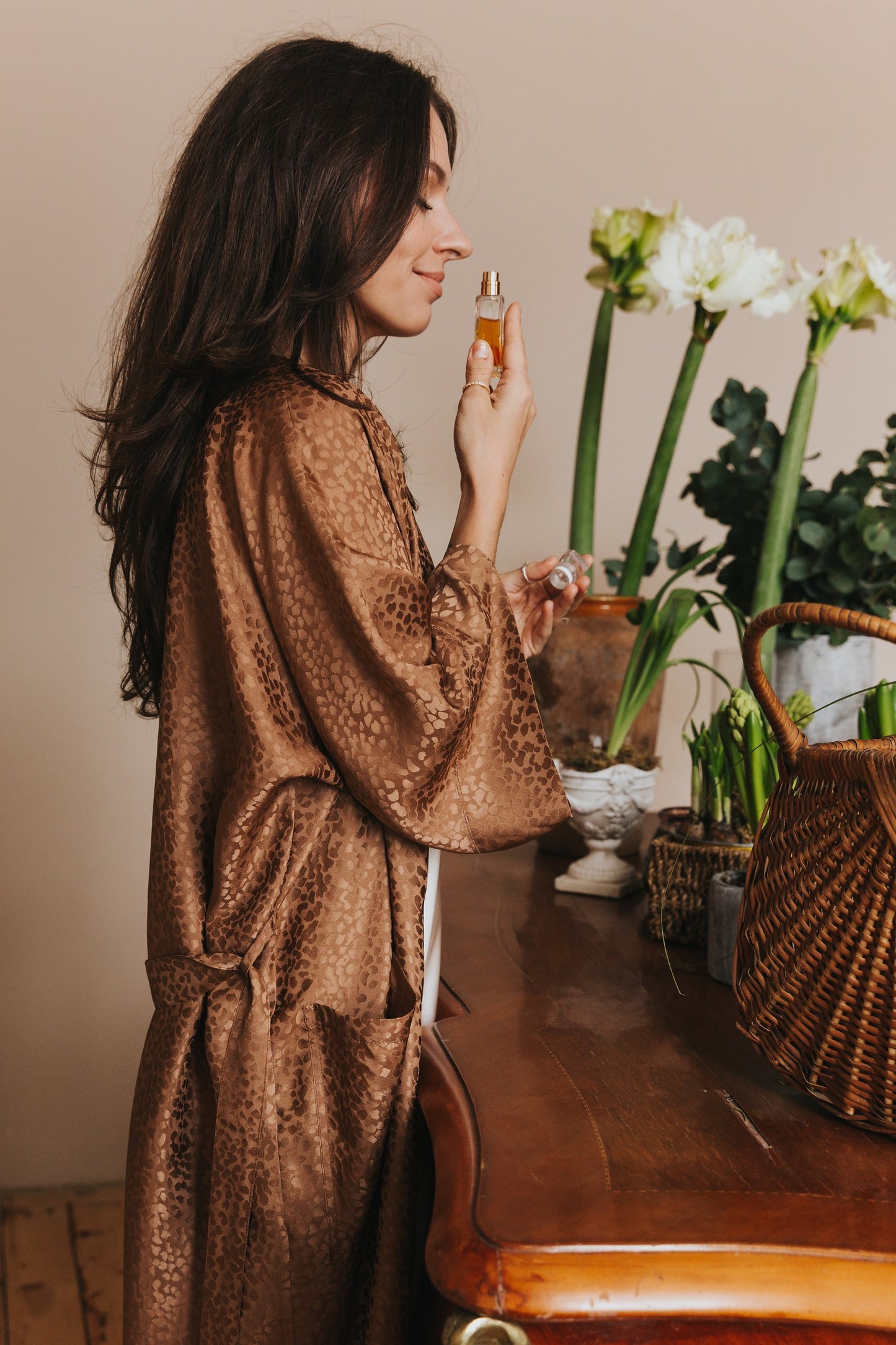 Kimono style long Silk Robe with Pockets, Caramel color