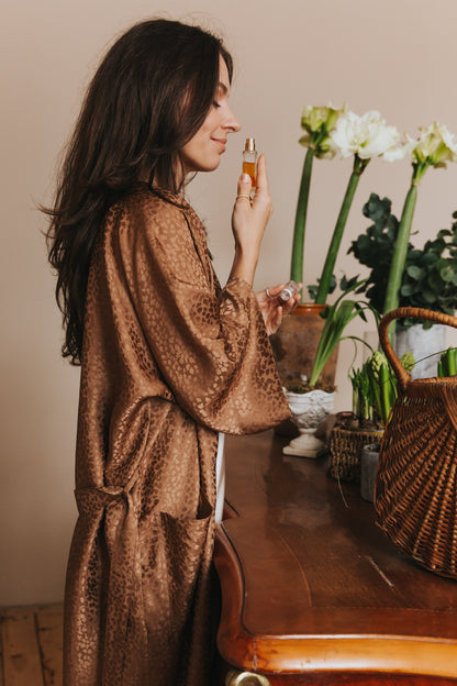 Kimono style long Silk Robe with Pockets, Caramel color