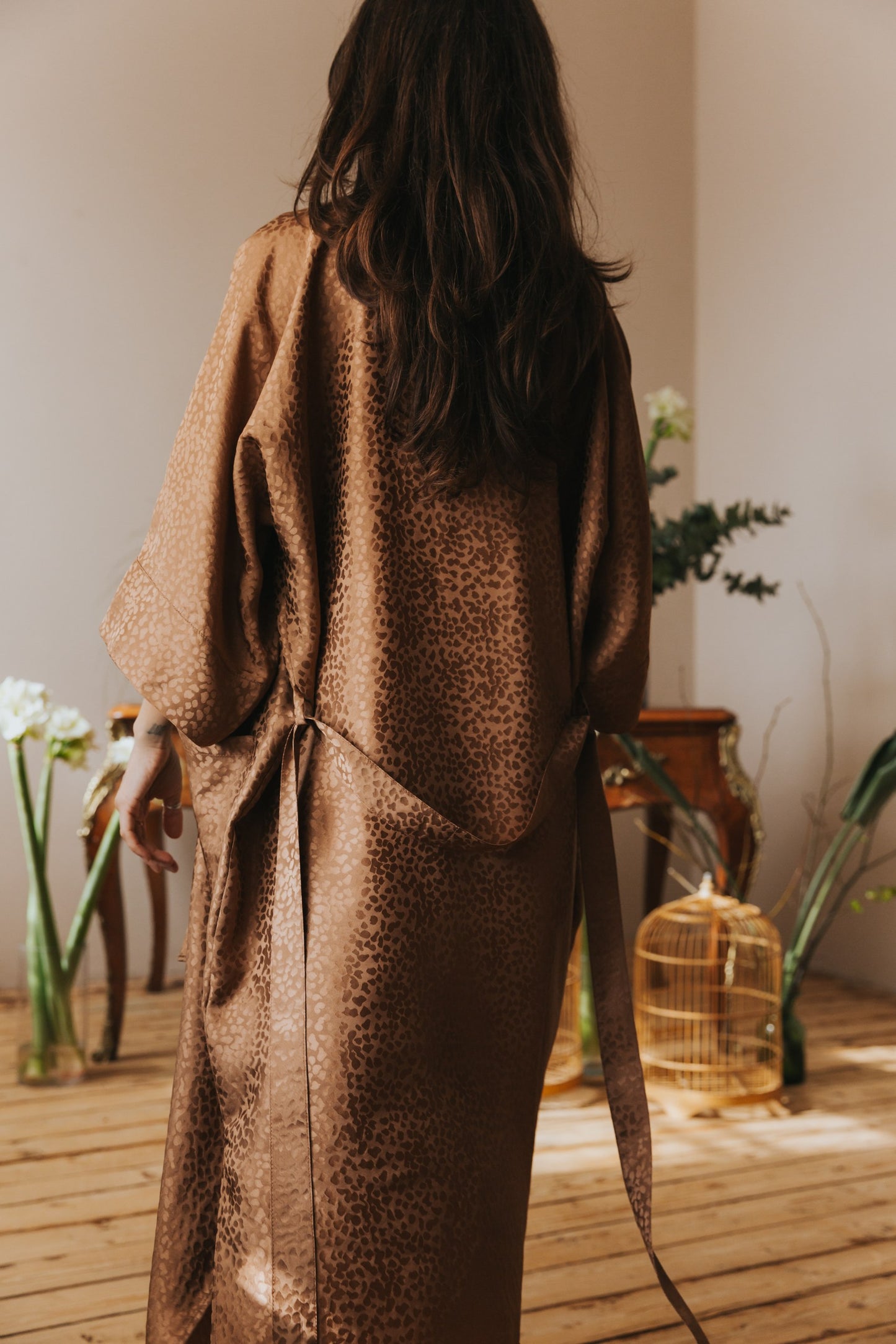 Kimono style long Silk Robe with Pockets, Caramel color