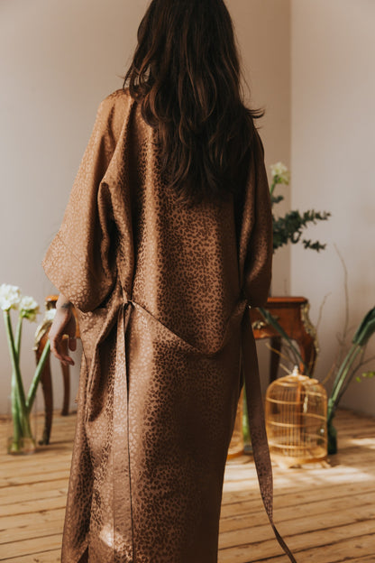 Kimono style long Silk Robe with Pockets, Caramel color