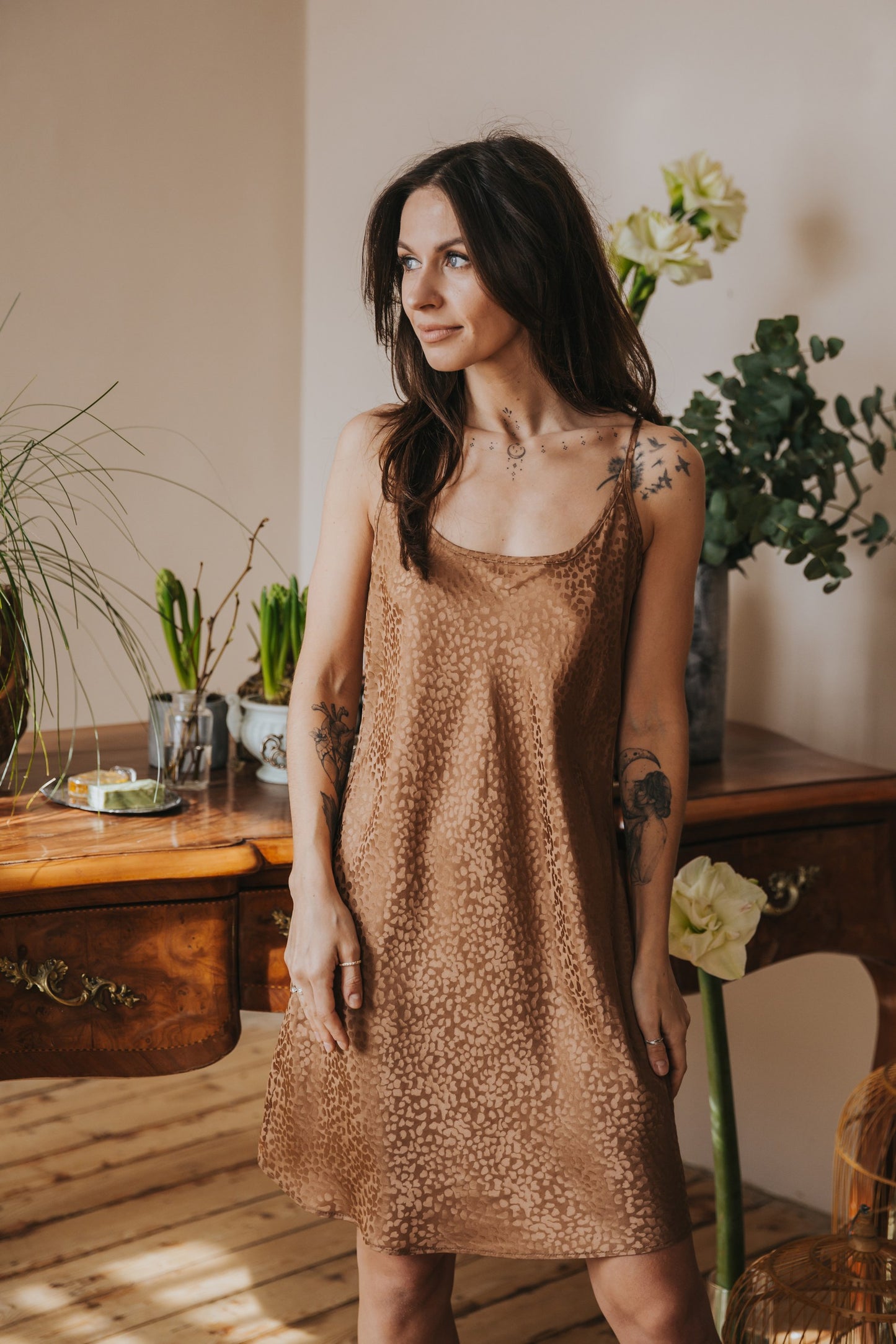 Silk nightgown "Mia", Caramel color