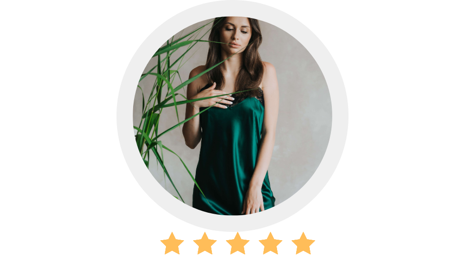 Woman in a green dress with a plant, surrounded by five yellow stars on a white background