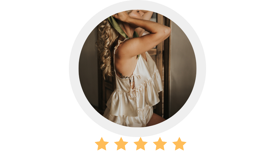 Circular profile picture of a person wearing a light-colored dress with five yellow stars below.