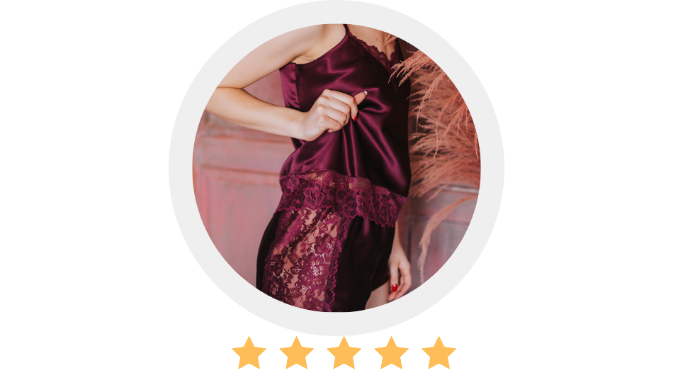 burgundy satin nightgown with lace details on a white background