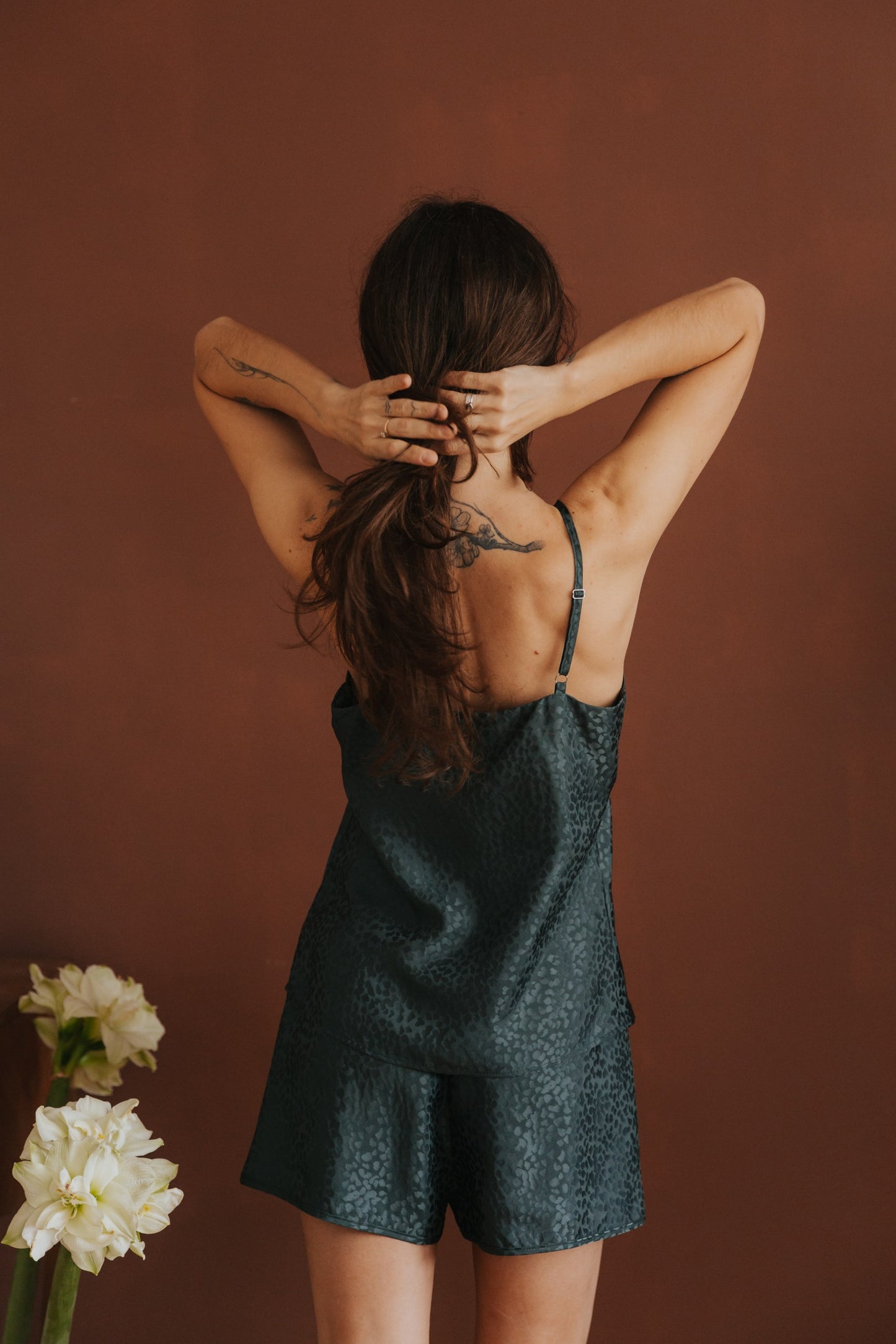 Silk pajamas with shorts "Mia", Forest Green