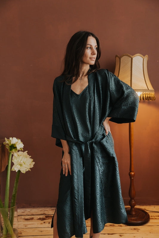 Kimono style long Silk Robe with Pockets, Forest Green