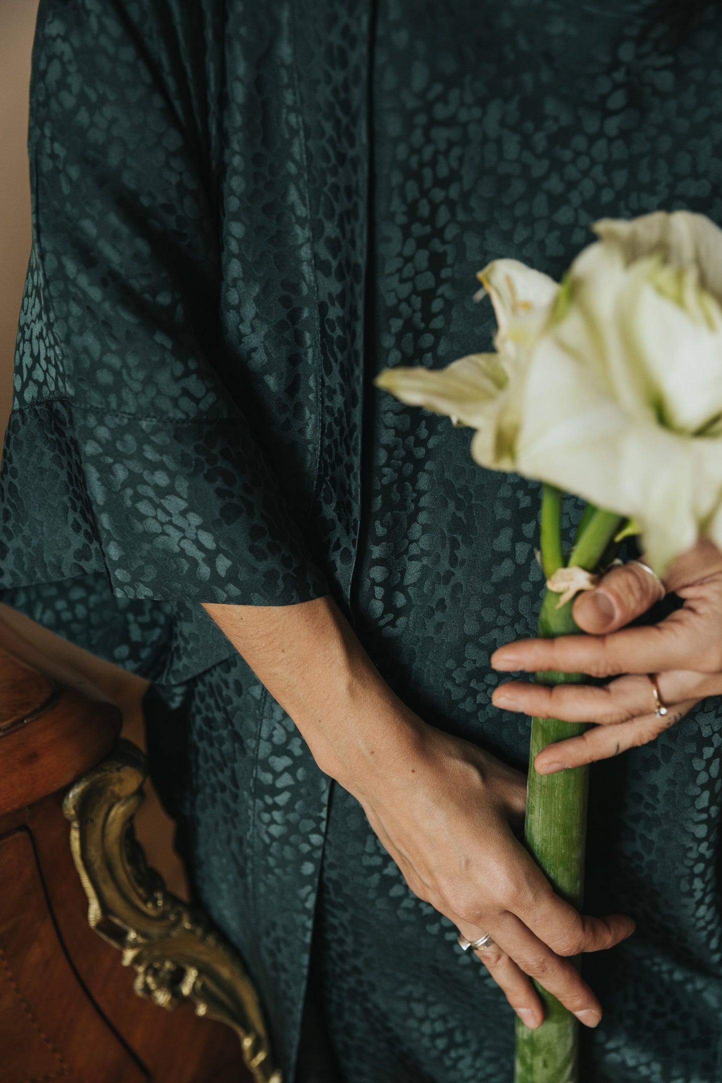 Kimono style long Silk Robe with Pockets, Forest Green