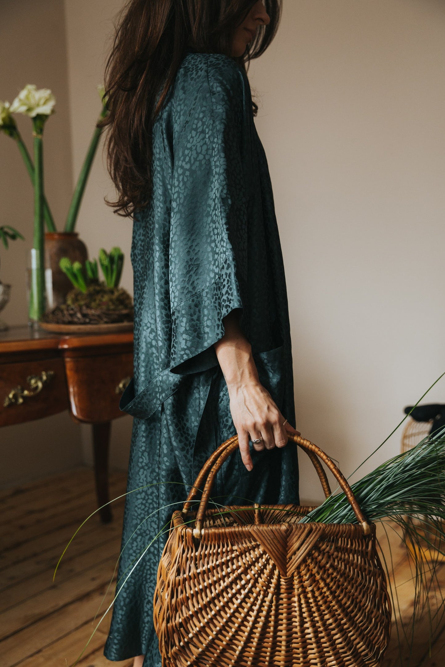 Kimono style long Silk Robe with Pockets, Forest Green