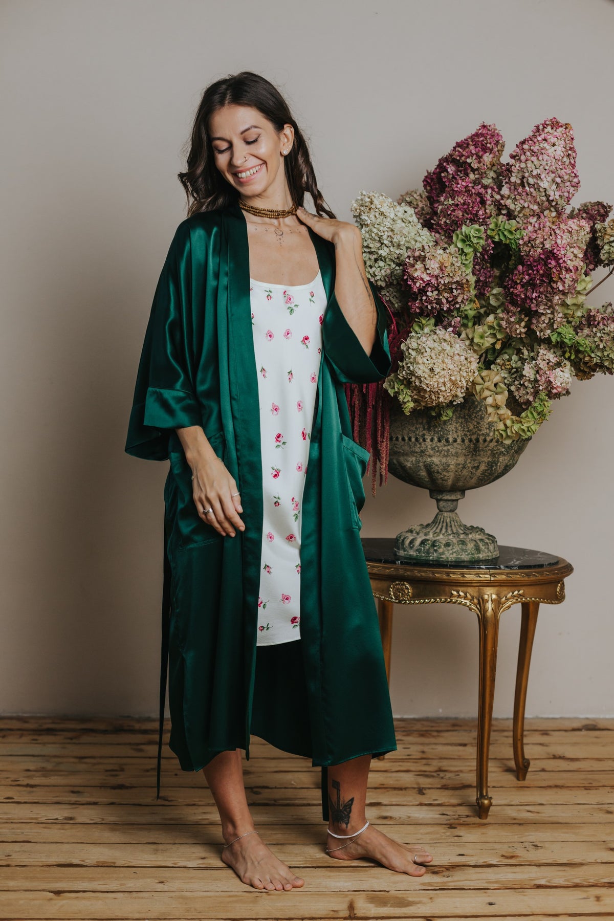 Kimono style long Silk Robe with Pockets, Green